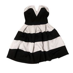 Strapless pleated black and white mini dress
